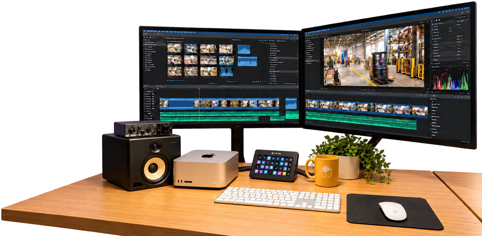 CCM edit suite: a warehouse film being edited across two monitors