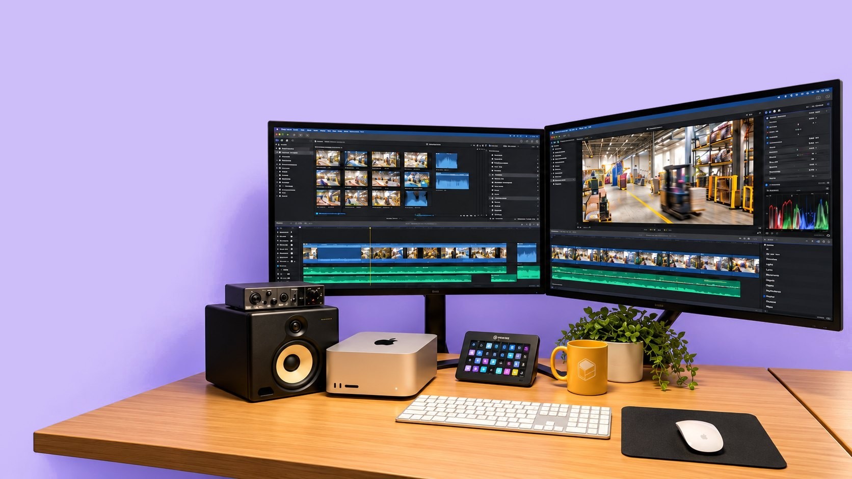 Edit suite with a warehouse film on screen