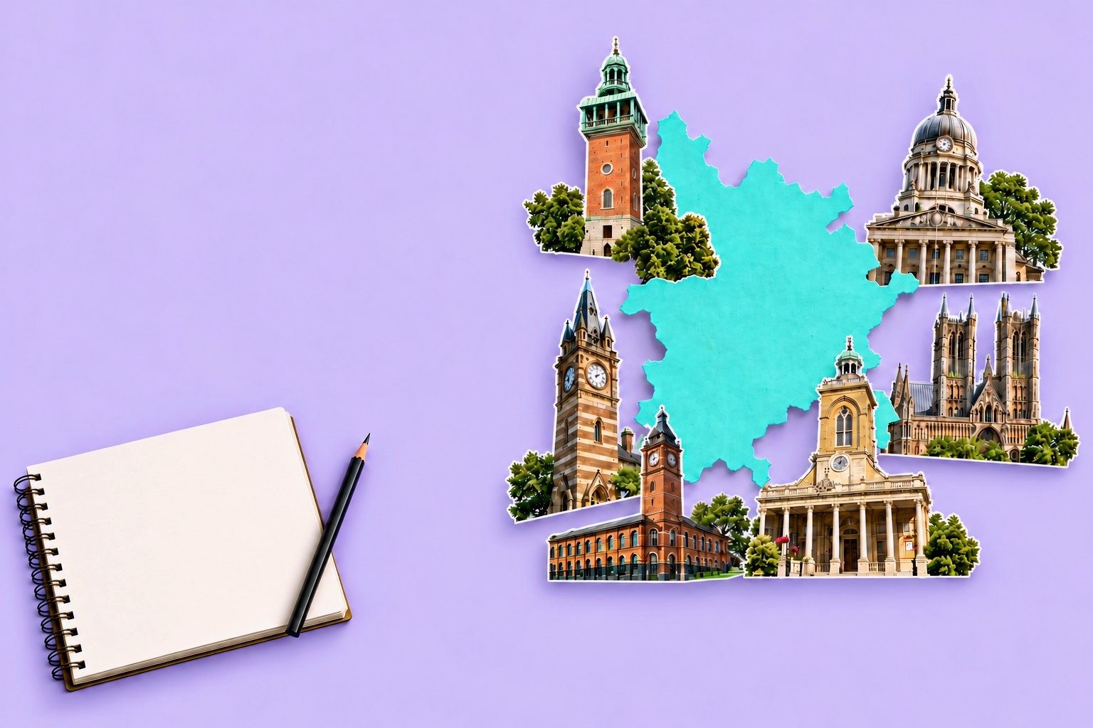 Map of the East Midlands with local landmarks, a notebook and pencil