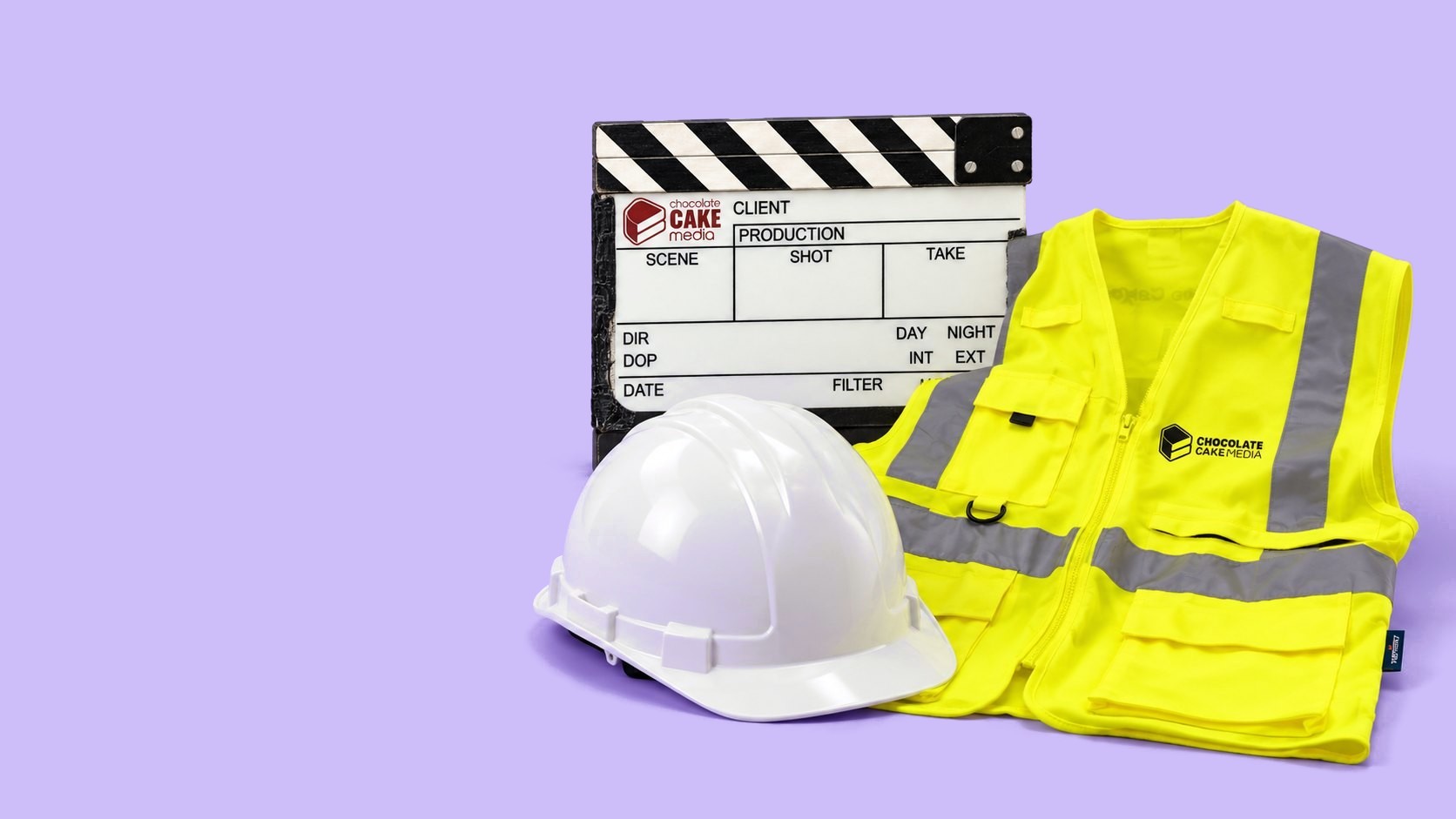 Clapperboard, hard hat and CCM hi-vis vest